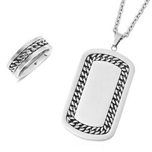 Men's Ring (Size 12) and Dog Tag Pendant Necklace (24 in) in Stainless Steel